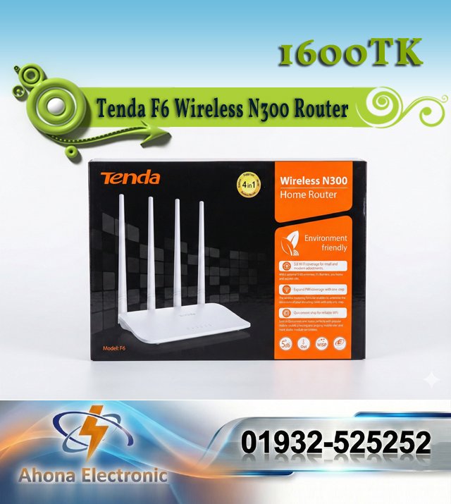 Tenda F6 Wireless N300 Router (4 Antenna) – Eco-Friendly WiFi Router with Timer
